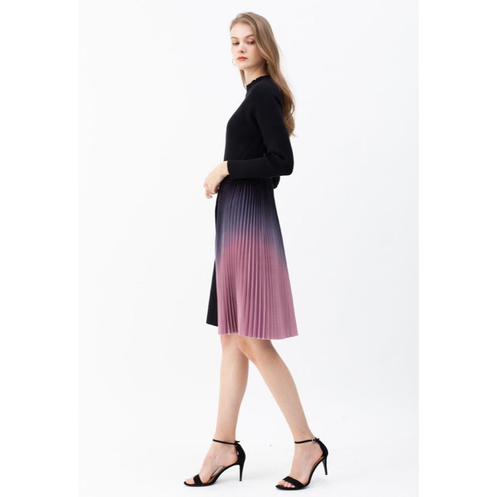 NWT GRADIENT PLEATED SPLICING BELTED KNIT DRESS IN BLACK - Picture 7 of 12